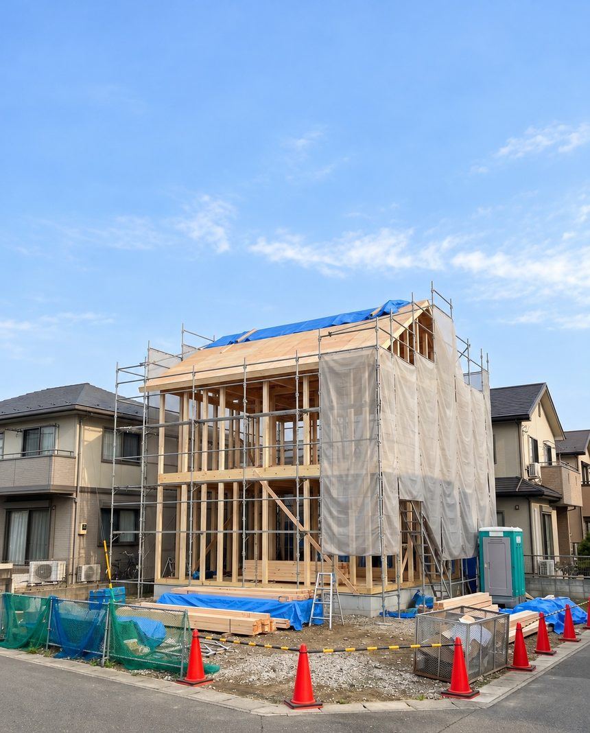 住宅地で、足場の中に組み上がった建築中の木造住宅
