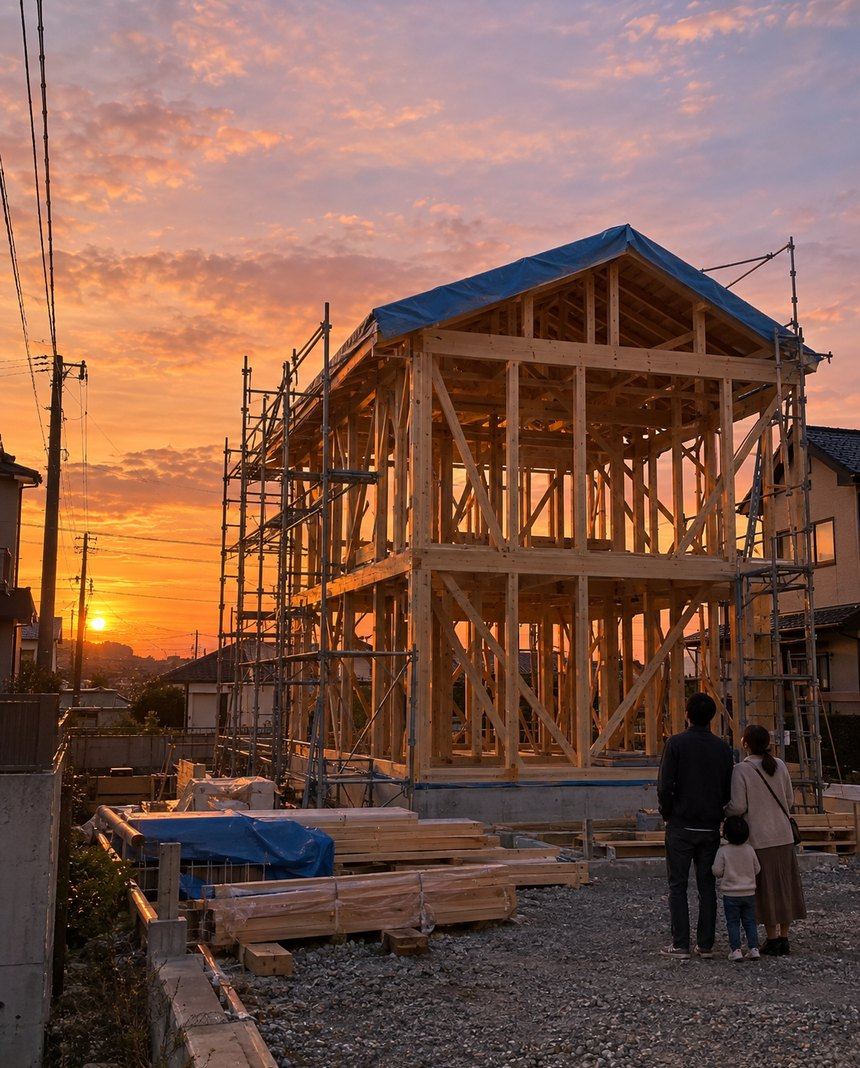 夕焼けの住宅地で、足場の中の木の骨組みを見上げる家族の後ろ姿